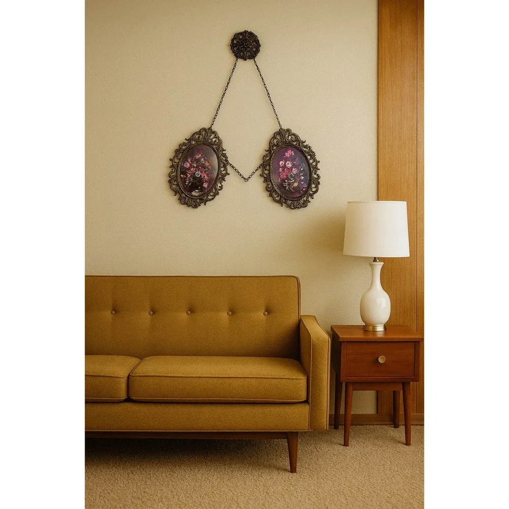 Vintage MCM Italian Ornate Floral Double Oval Hanging Wall Art Framed‎ Set 1970s